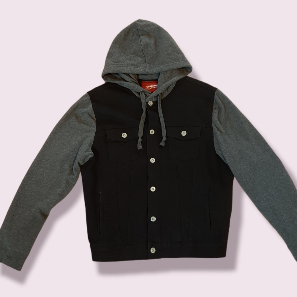 Black Denim Jacket with Hoodie Sleeves: Medium. WORN ONCE